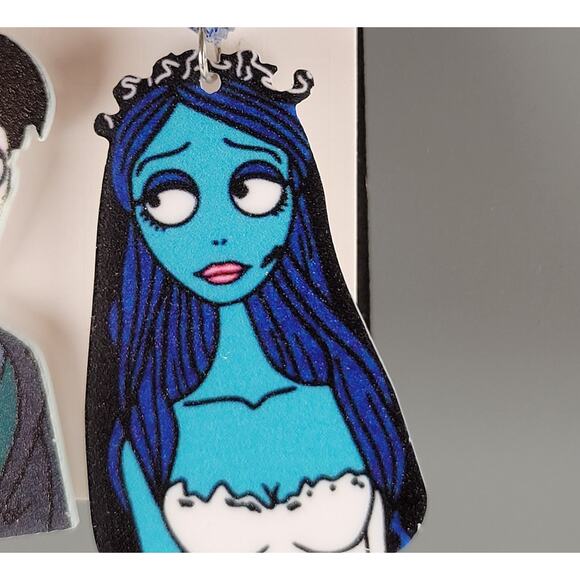 Corpse Bride Earring Victor Emily Blue Glitter Heart Dangle Fashion Jewelry 2.5" - Picture 2 of 10